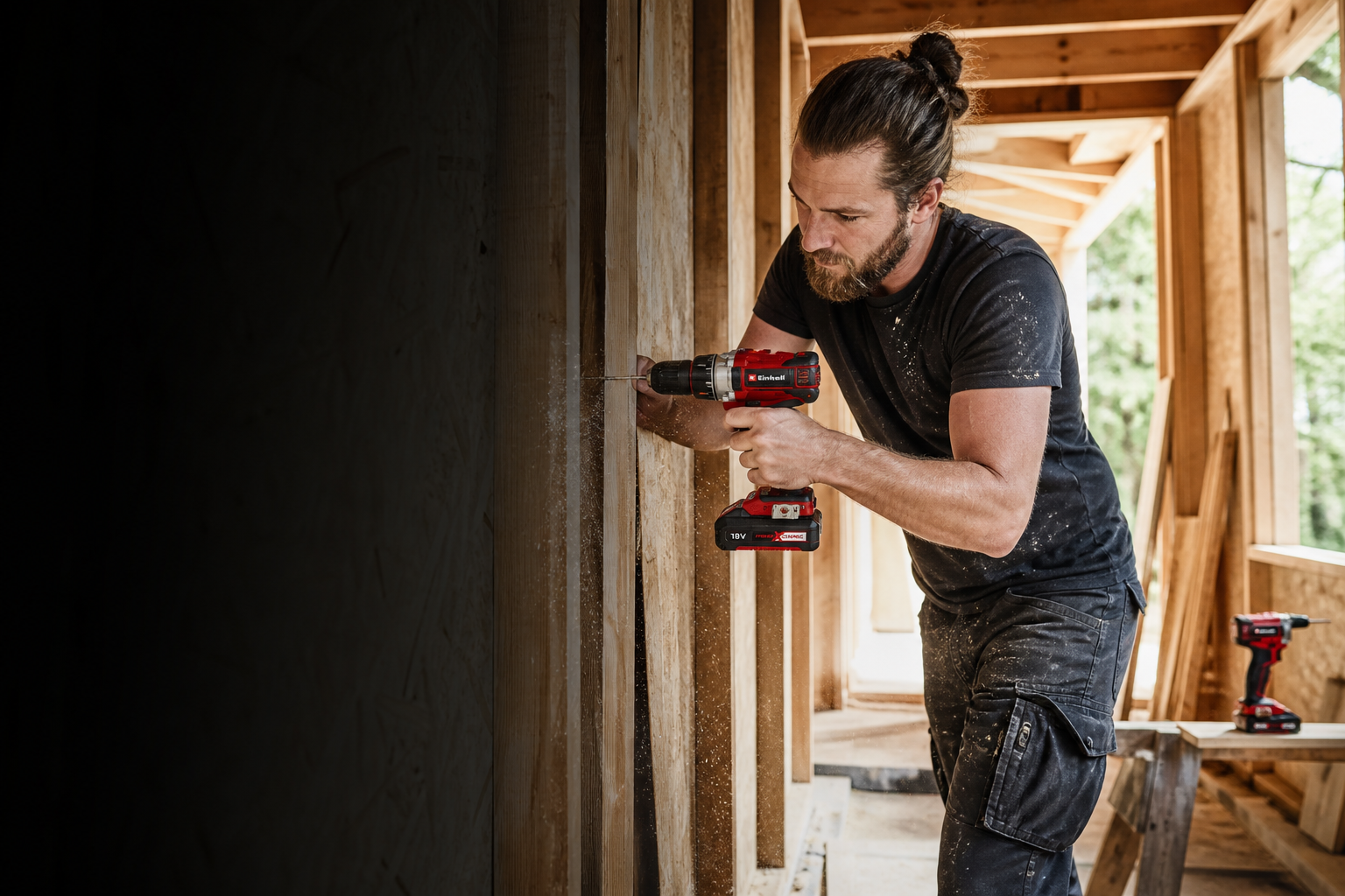 Trabajo con taladro inalámbrico Einhell en estructura de obra